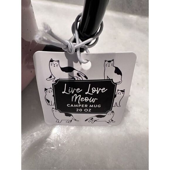 NWT RARE & Unique Camper Mug Live Love Meow Cat Ceramic Coffee Mug Pink 20oz by - Picture 3 of 4